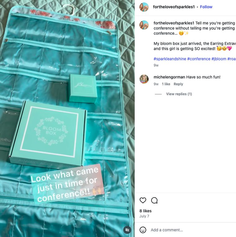 Instagram post from fortheloveofsparkles1 showing a Bloom Box that arrived before conference