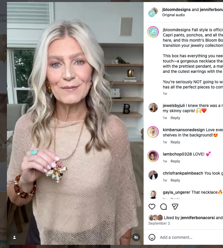 Instagram post from jbloomdesigns showing this month's Bloom Box styled with a poncho